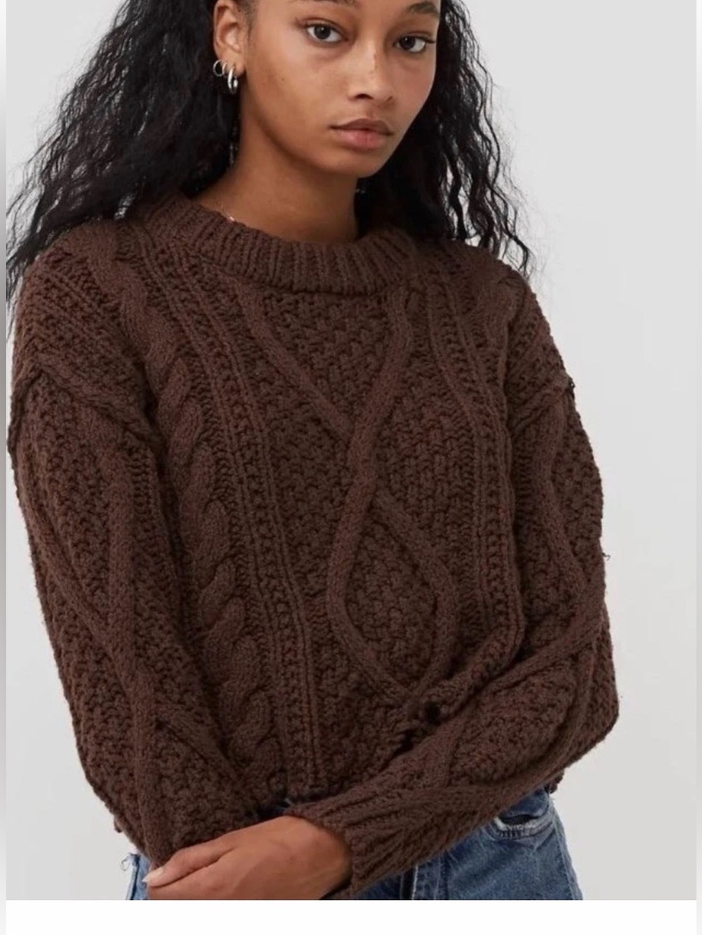 Free People Brown Cutting Edge Cropped Cable Knit Sweater XS Cotton Chunky Fall